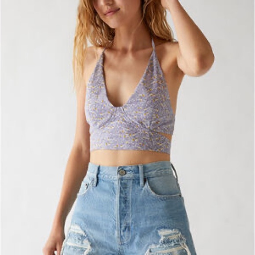 LA Hearts purple floral cropped halter top.